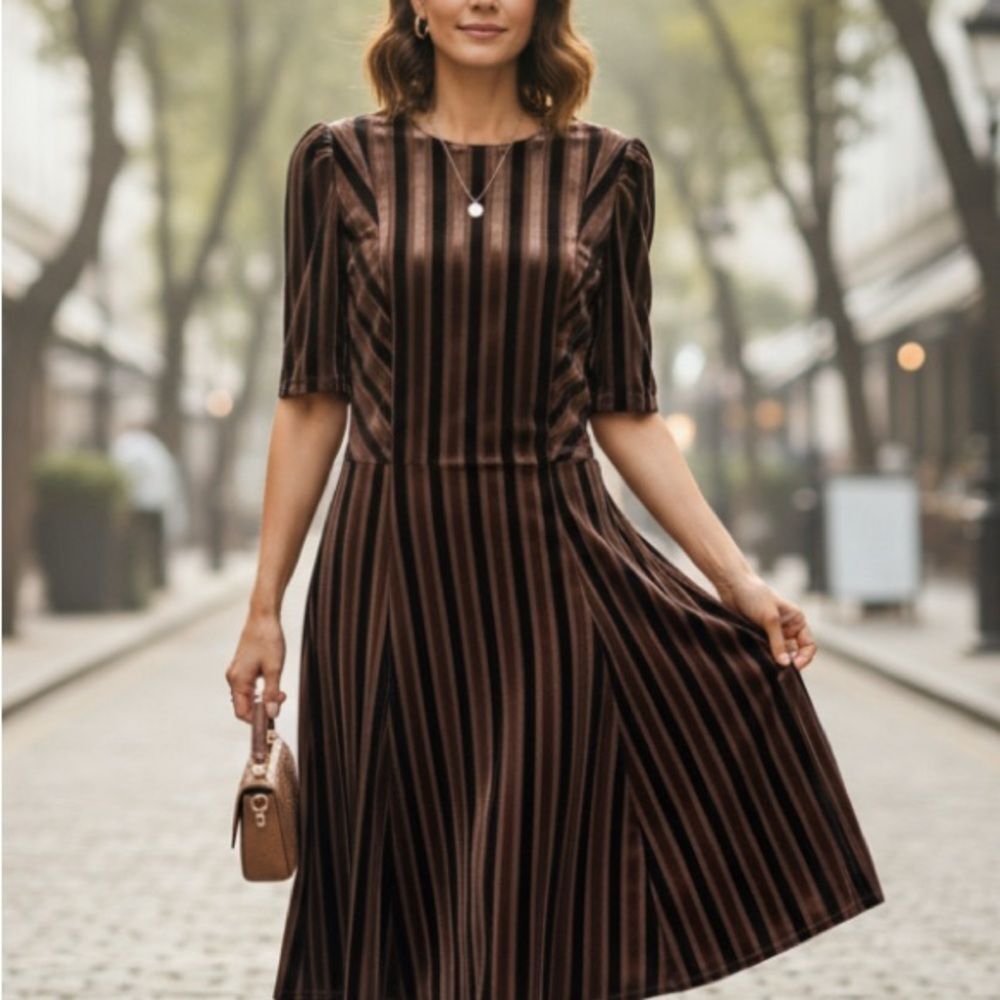 Maggy London Velvet Striped Fit & Flare Dress | Brown Mauve Short Sleeve 8